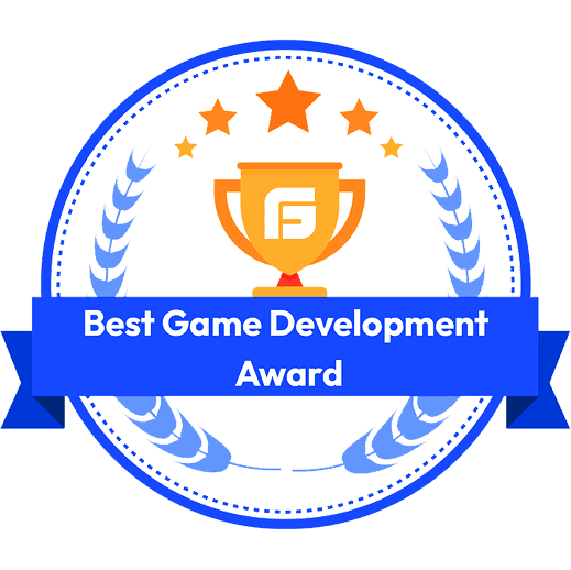 A blue and gold circular award with a trophy icon and the text 'Best Game Development Award'