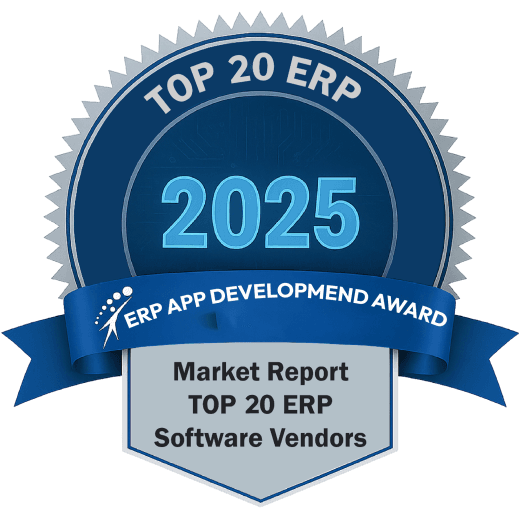 A dark blue award badge with 'TOP 20 ERP 2025', a ribbon stating 'ERP App Development Award.'
